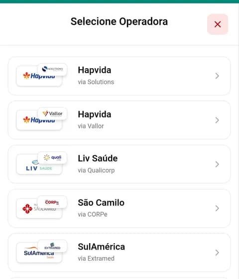 Seleção de operadoras do aplicativo listando Hapvida, Unimed, SulAmérica, Liv Saúde e São Camilo